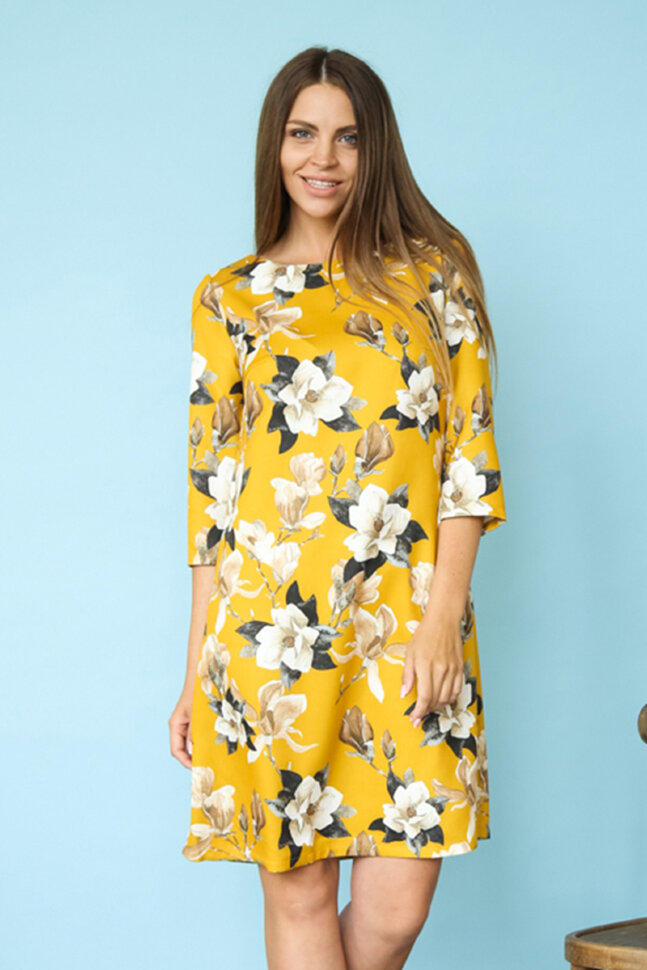 Платье 097/6 горчица/цветы