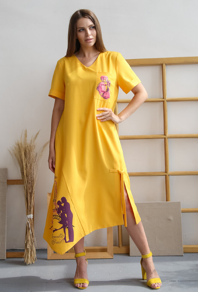 Платье 346/2, охра/принт