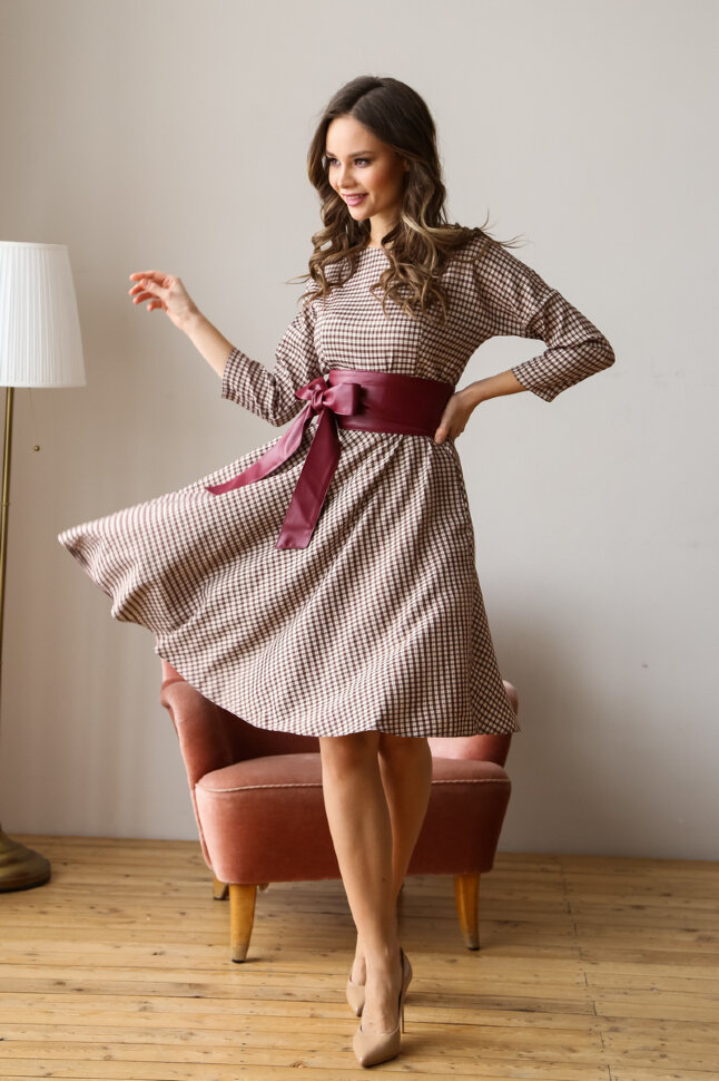 Платье 467, вишня/шоколад/клетка