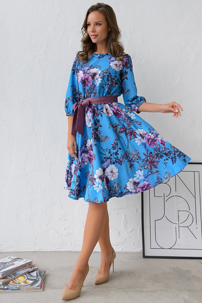 Платье 425/10, голубой/цветы