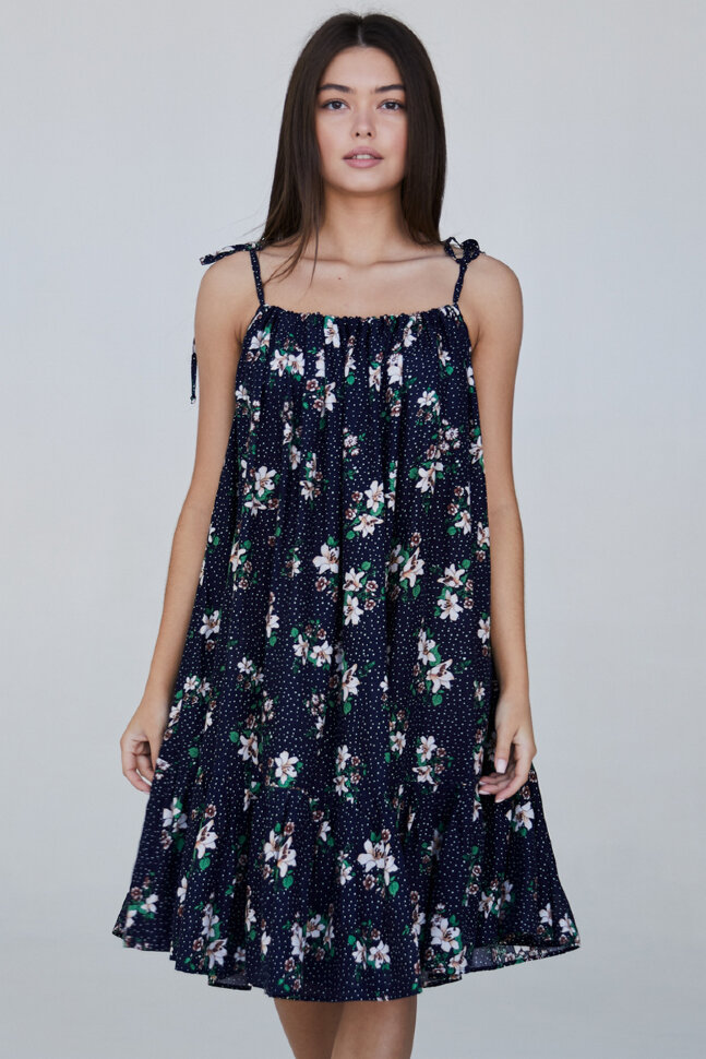Сарафан 361/1, темно-синий/принт цветы