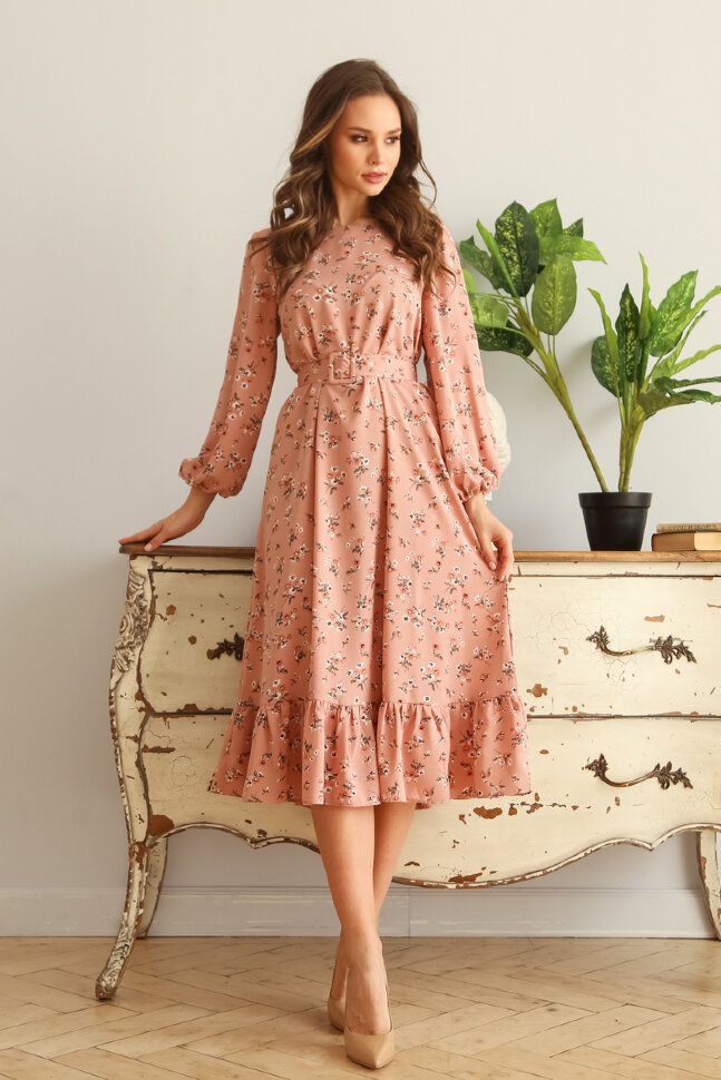 Платье 466/6, пыльный персик/цветы