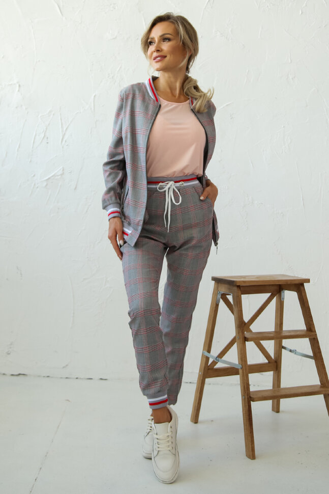 Костюм 2-400, серый/красный/клетка