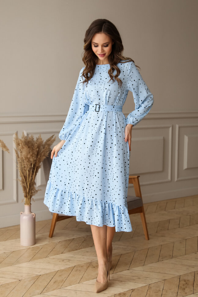 Платье 466/4-УЦ голубой/горох