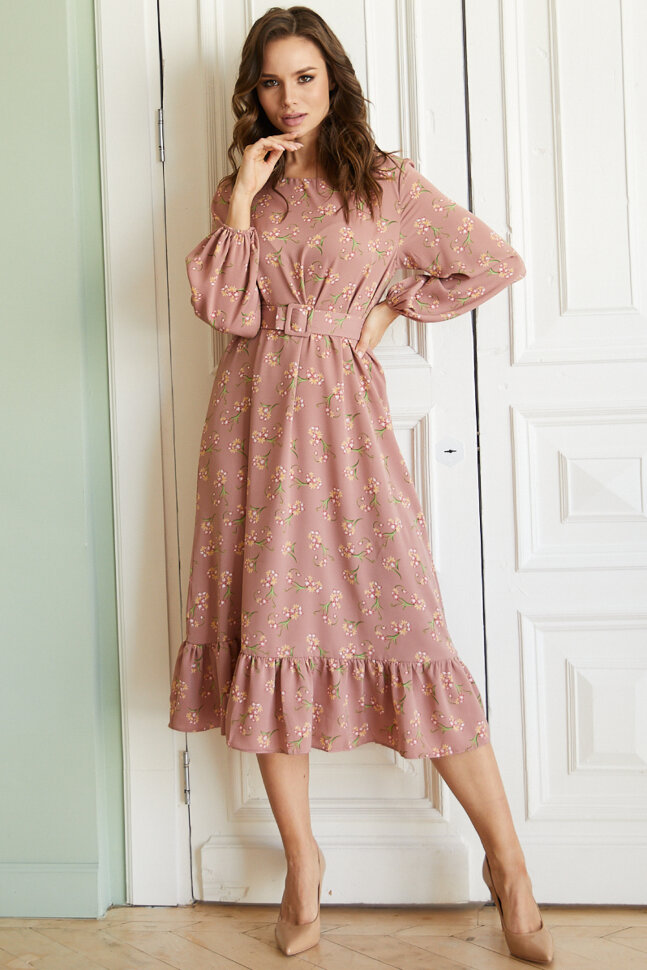 Платье 466/15-УЦ1, персиково-бежевый/цветы